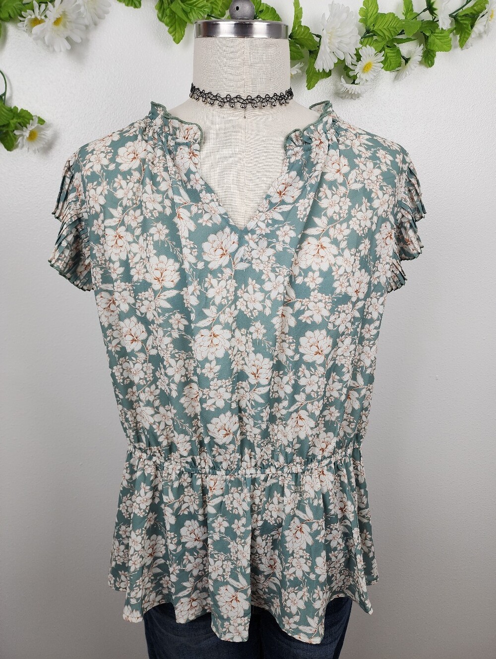 Voy Safe Green Floral Ruffle Sleeve Peplum Blouse Sz 2XL